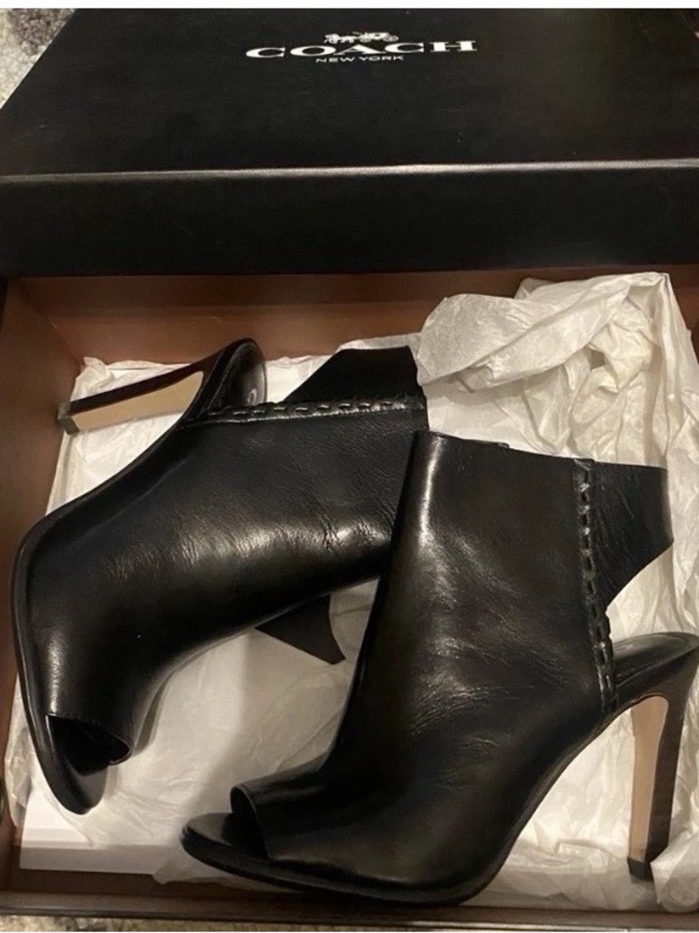 Coach Black Leather Peep-Toe Slingback Mules size 6.5 w/ box